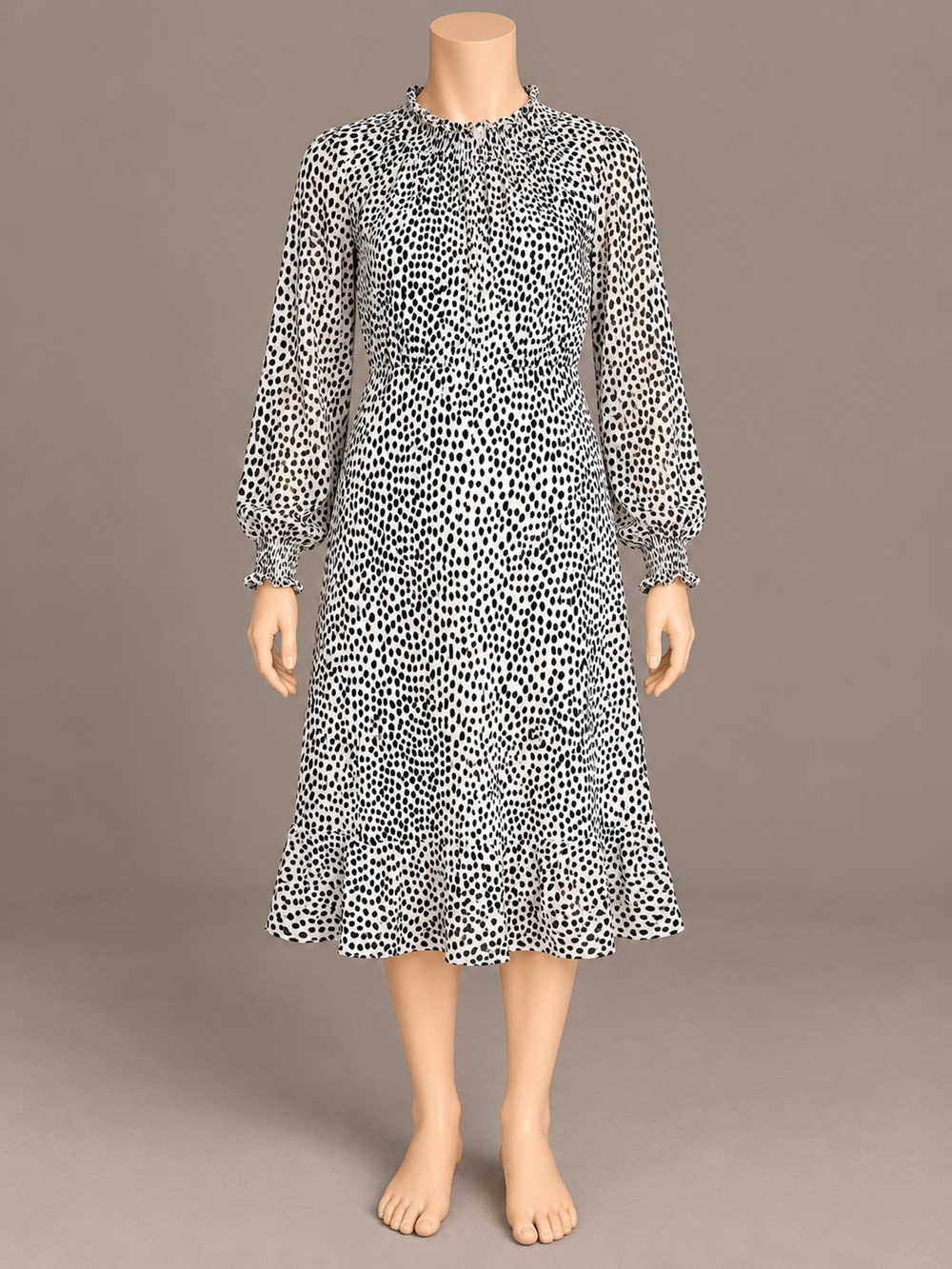 J.Crew Black White Dotted Midi Dress Sheer Sleeves Ruffle Hem Size 14 NWOT